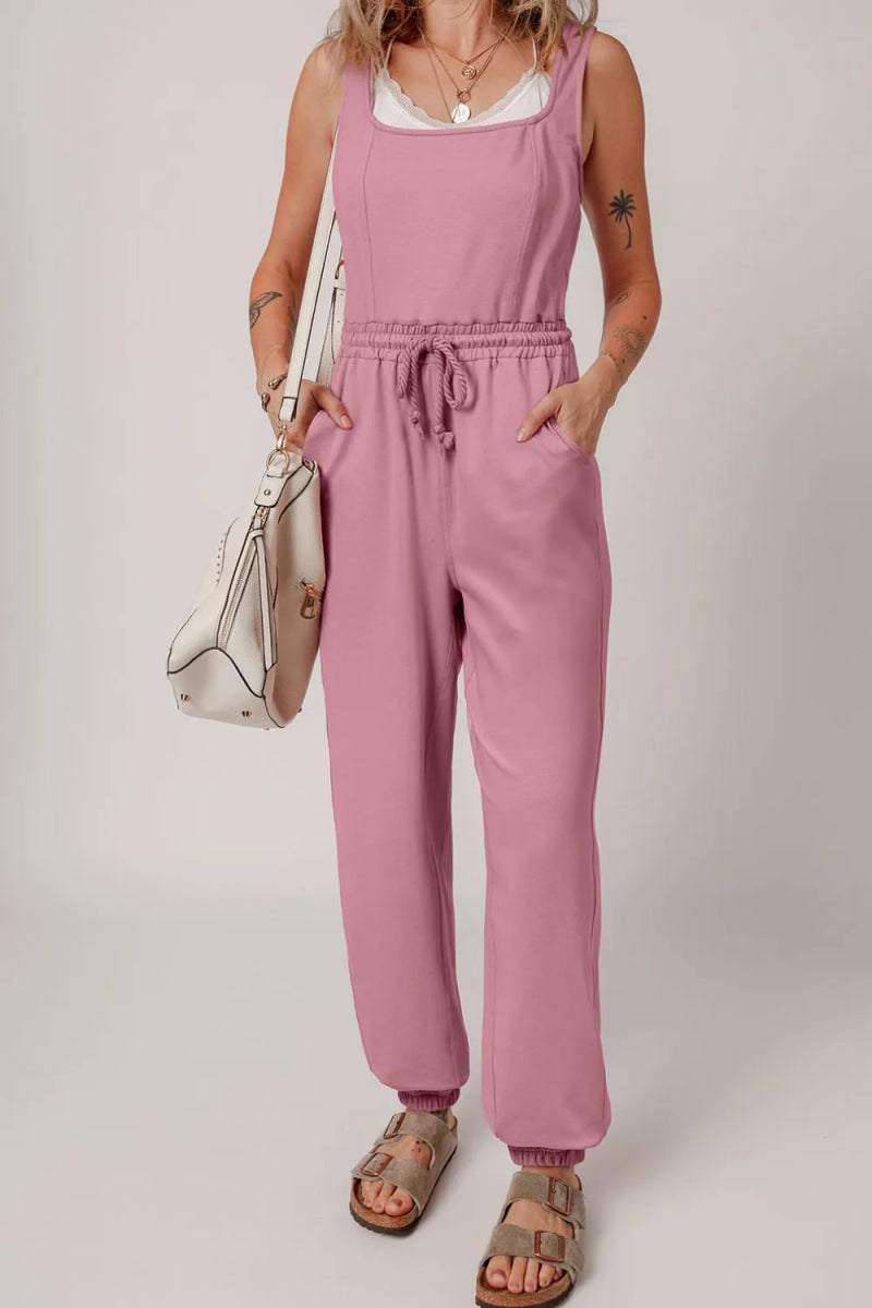 Elastic Waist Sleeveless Square Neck Jumpsuit - CELIVINE