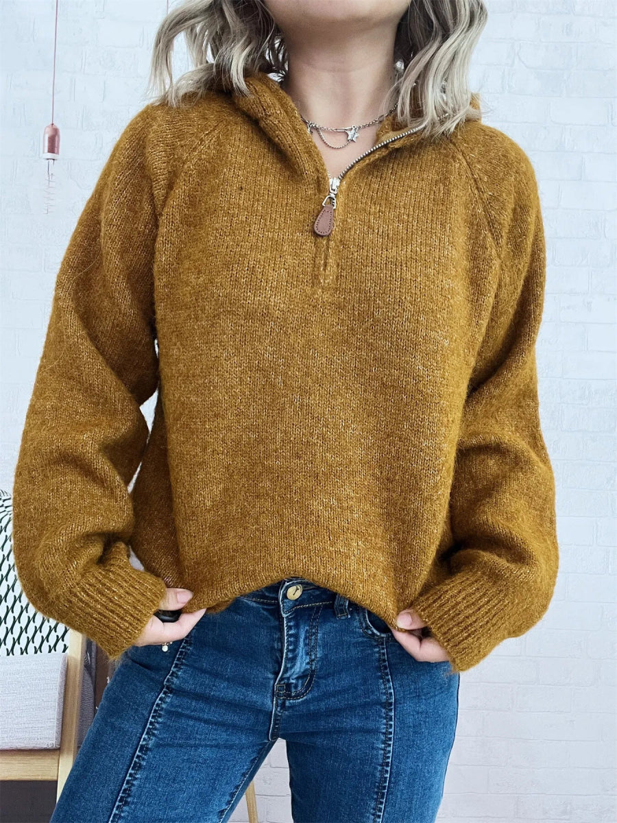 Quarter Zip Ribbed Hem Sweater - CELIVINE