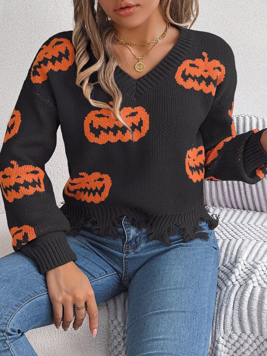 Halloween Pumpkin Pattern Raw Hem V - Neck Sweater - CELIVINE