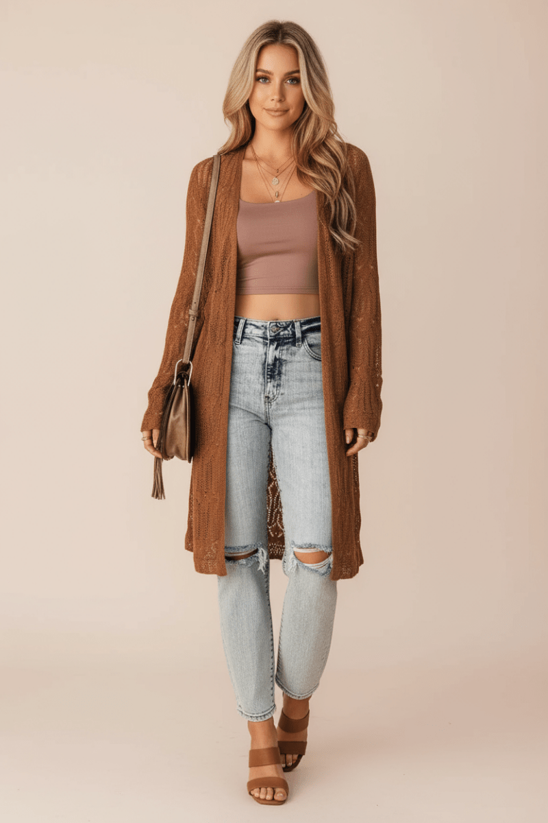 Openwork Open Front Long Sleeve Cardigan - CELIVINE