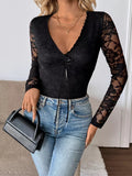Long Sleeve Floral Lace Mesh Cropped Top - CELIVINE