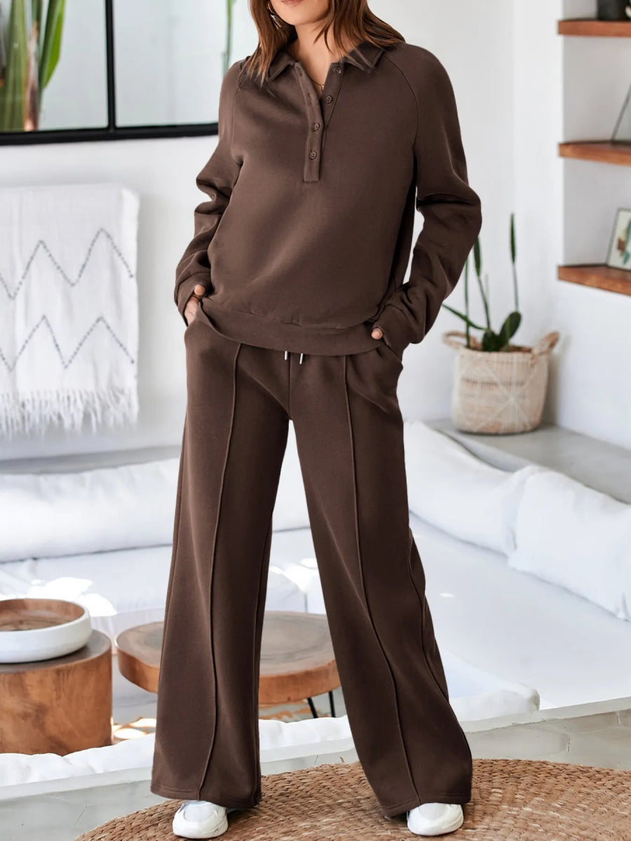 Collared Sweatshirt and High Waist Pants Active Set - CELIVINE