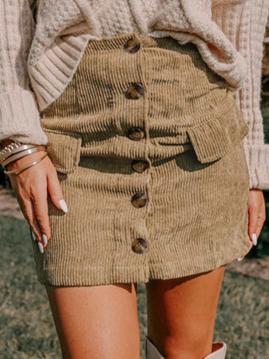 Corduroy Buttoned Front Mini Skirt - CELIVINE