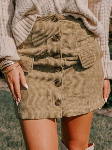 Corduroy Buttoned Front Mini Skirt - CELIVINE