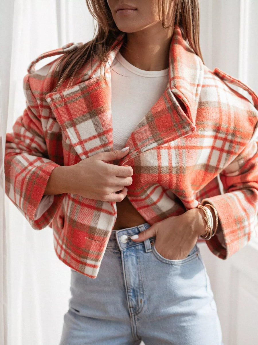 Plaid Lapel Collar Cropped Outerwear - CELIVINE