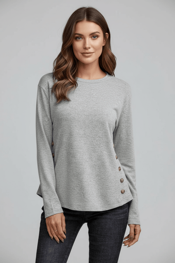 Decorative Button Round Neck Long Sleeve Top - CELIVINE
