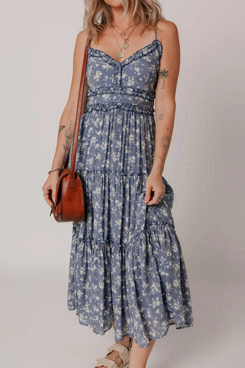 Floral Spaghetti Strap Frilled V Neck Tiered Midi Dress - CELIVINE