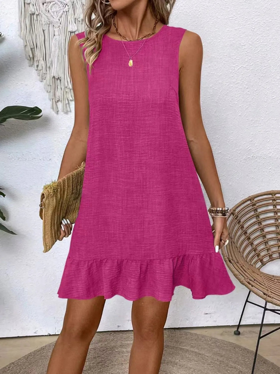 Ruffled Hem Round Neck Sleeveless Dress - CELIVINE