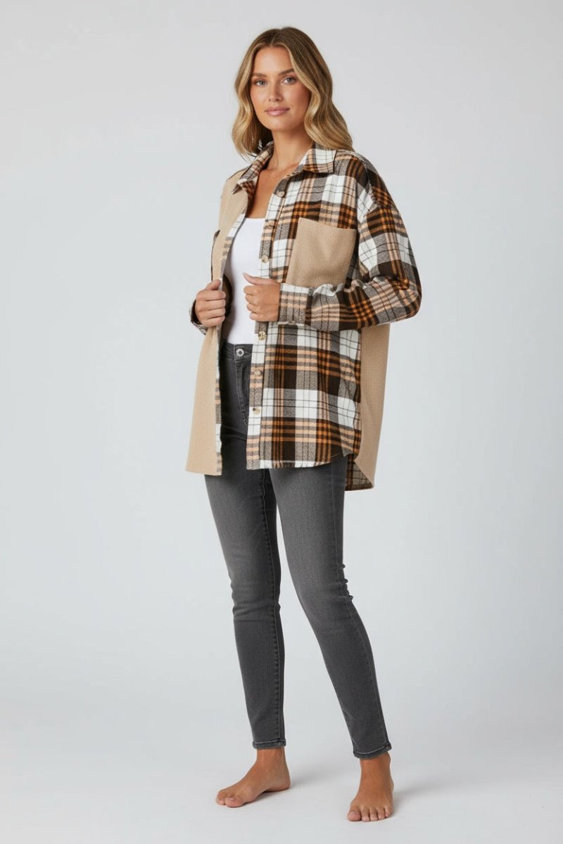 Plaid Button Up Long Sleeve Shacket - CELIVINE