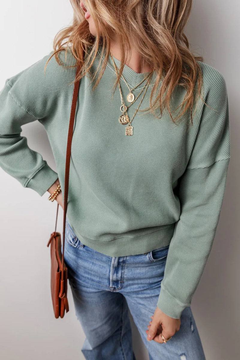 Waffle - Knit Long Sleeve Dropped Shoulder Top - CELIVINE