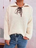 Lace Up Long Sleeve Sweater - CELIVINE