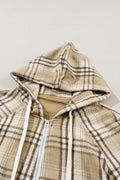 Drawstring Plaid Half Zip Raglan Sleeve Hoodie - CELIVINE