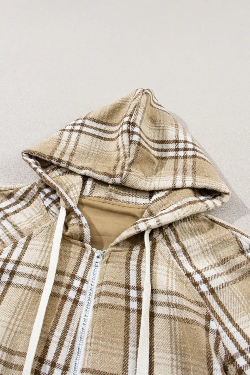 Drawstring Plaid Half Zip Raglan Sleeve Hoodie - CELIVINE