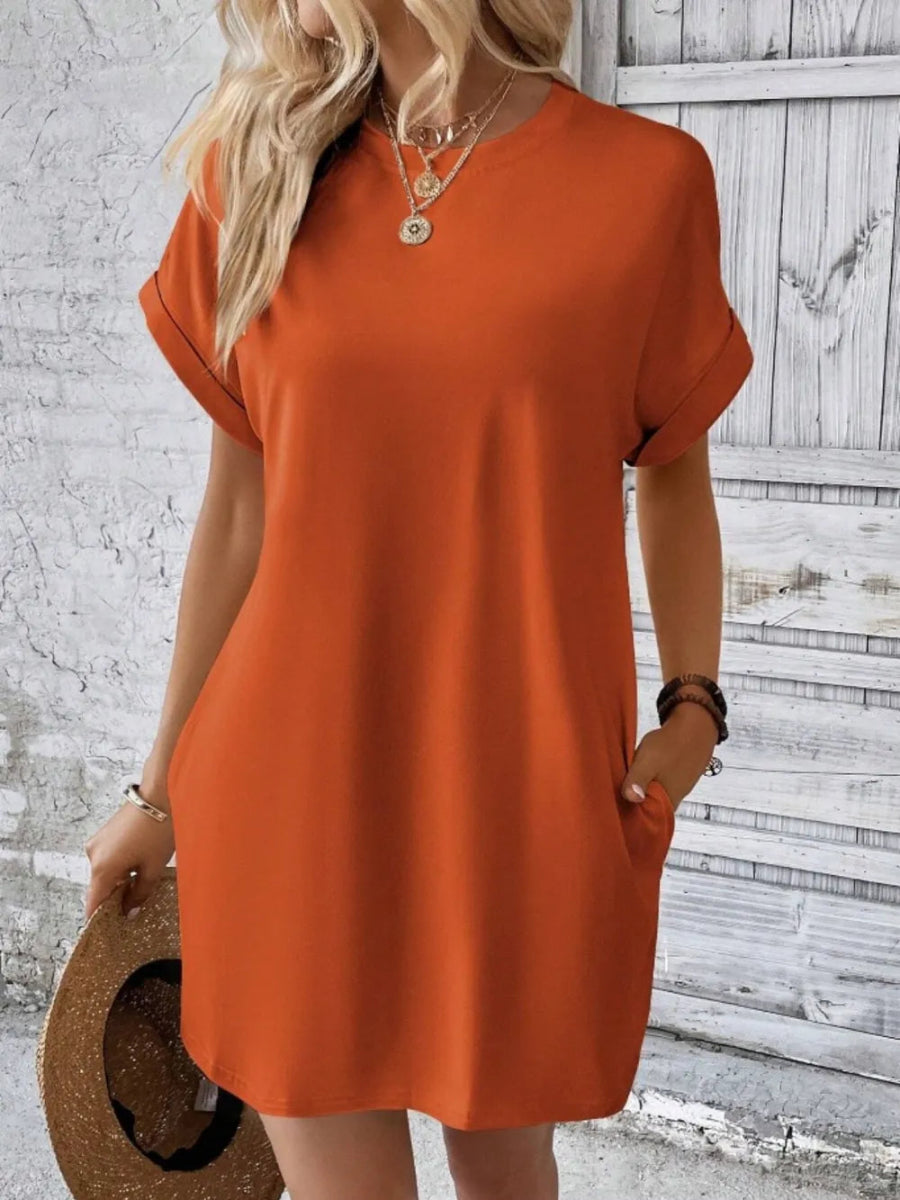 Pocketed Round Neck Short Sleeve Dress - CELIVINE