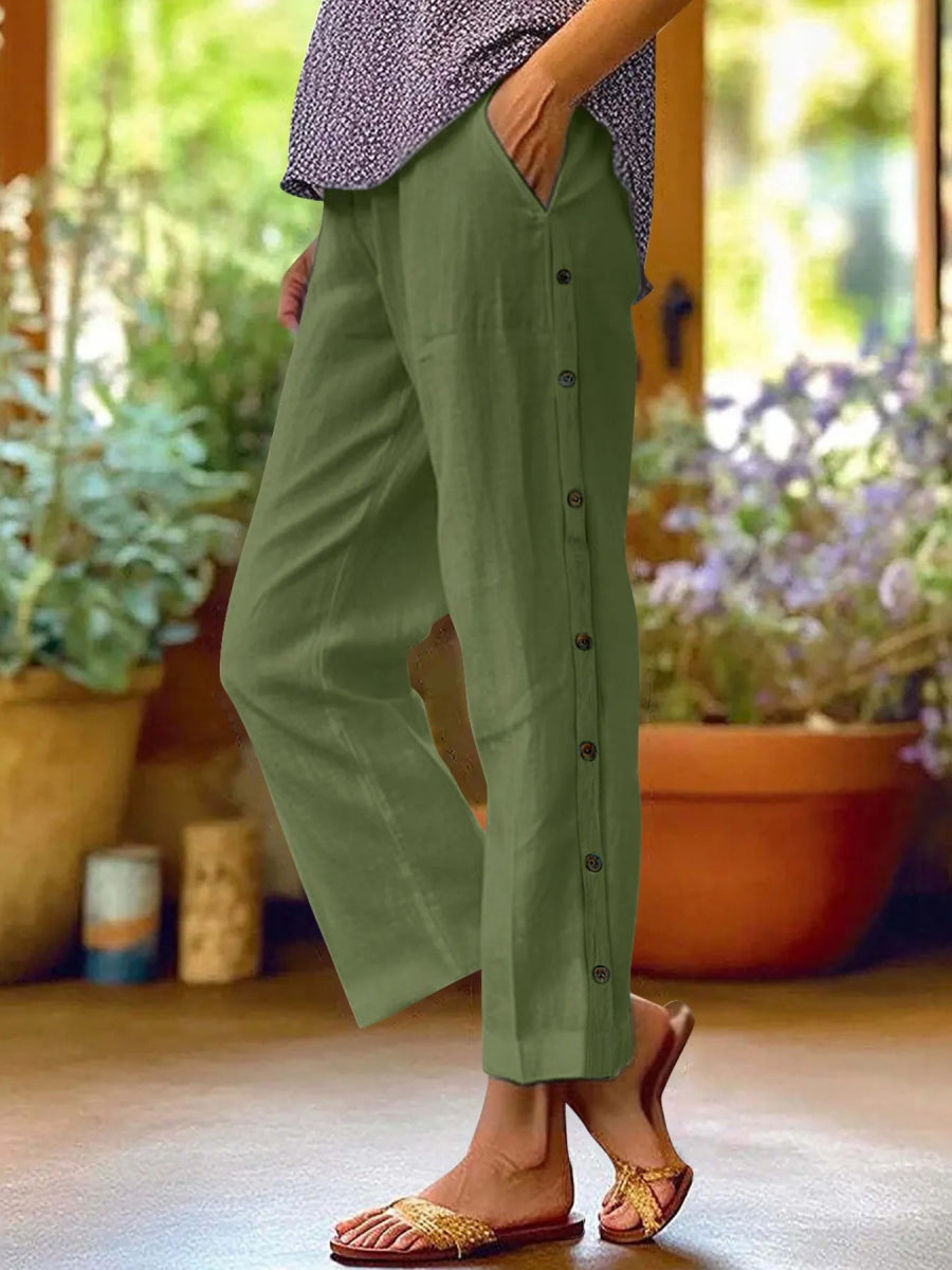Full Size Side Decor Button Casual Wide Leg Pants Plus Size - CELIVINE