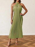 Pleated Halter Neck Midi Dress - CELIVINE