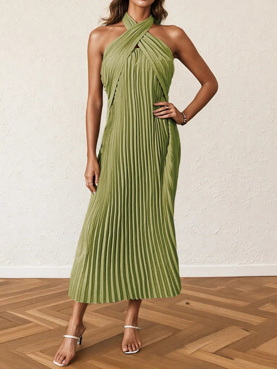 Pleated Halter Neck Midi Dress - CELIVINE