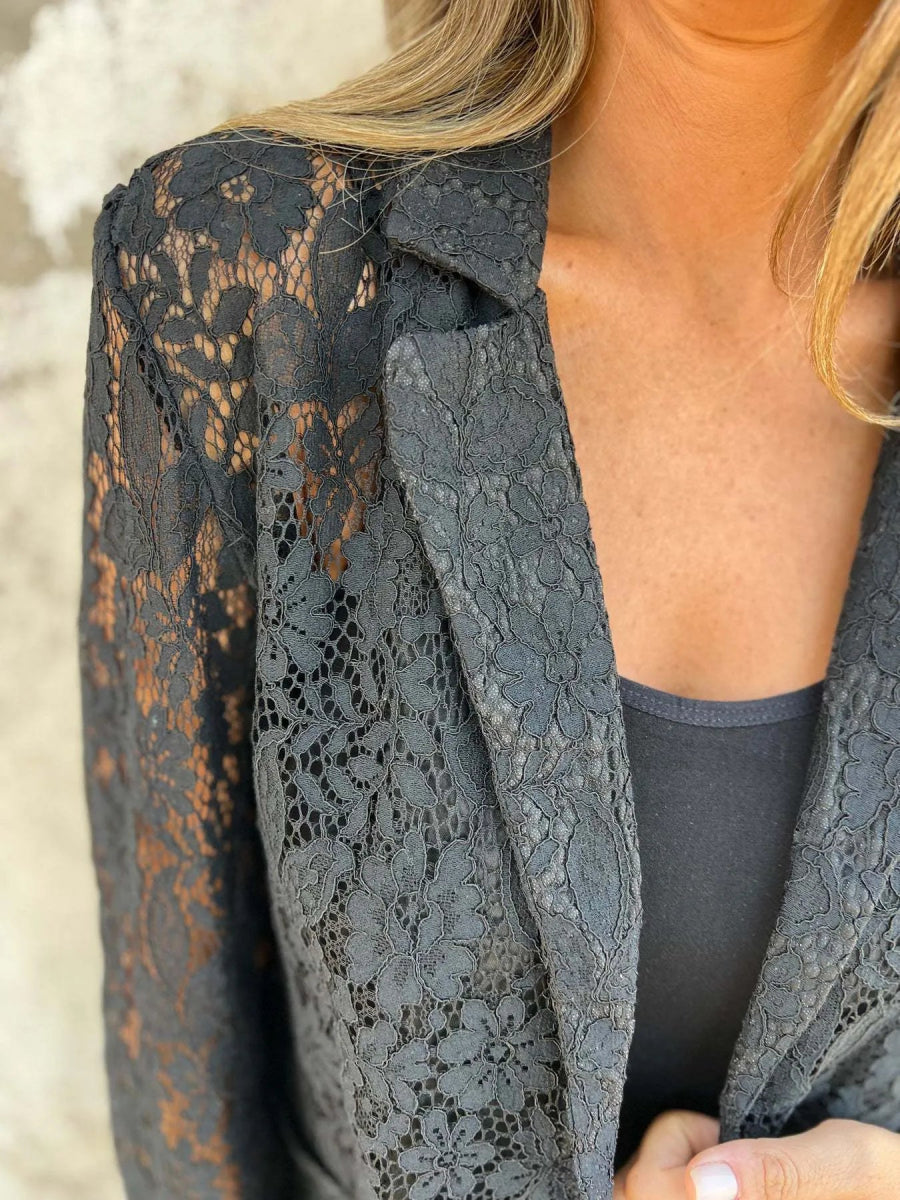Full Size Lace Open - Front Blazer Plus Size - CELIVINE