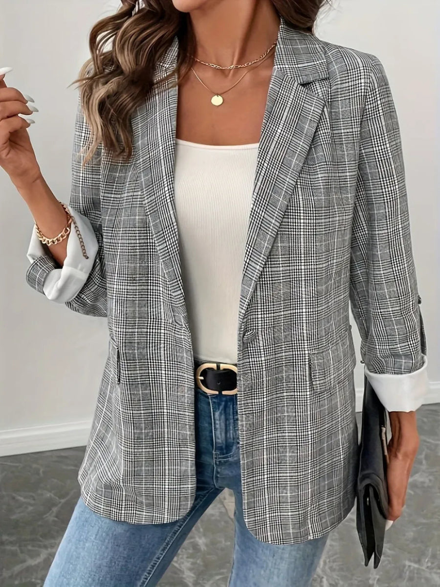 Single - Breasted Lapel Collar Plaid Blazer - CELIVINE