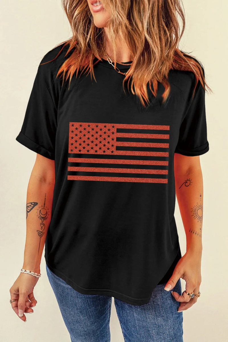 US Flag Round Neck Short Sleeve T-Shirt - CELIVINE