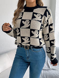 Halloween Ghost Pattern Checkered Round Neck Sweater - CELIVINE