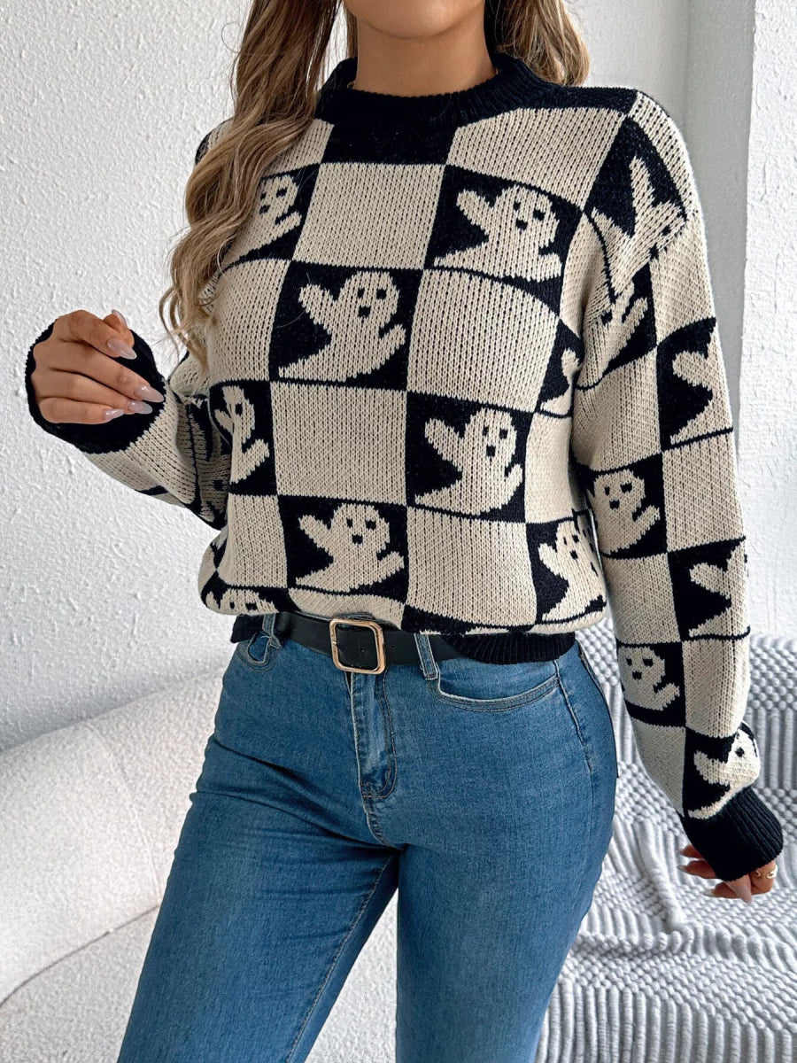 Halloween Ghost Pattern Checkered Round Neck Sweater - CELIVINE
