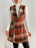 Honey Plaid Button Up Vest Coat - CELIVINE