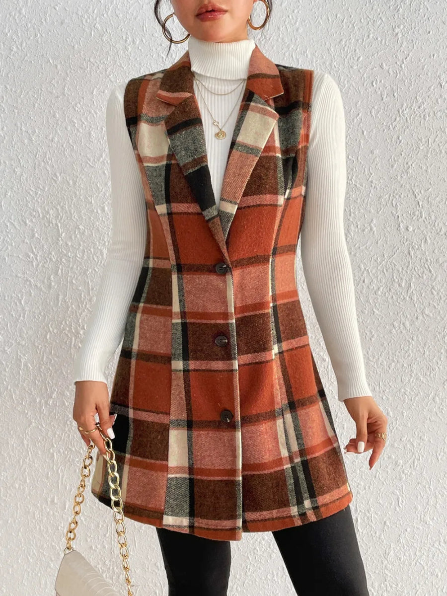 Honey Plaid Button Up Vest Coat - CELIVINE