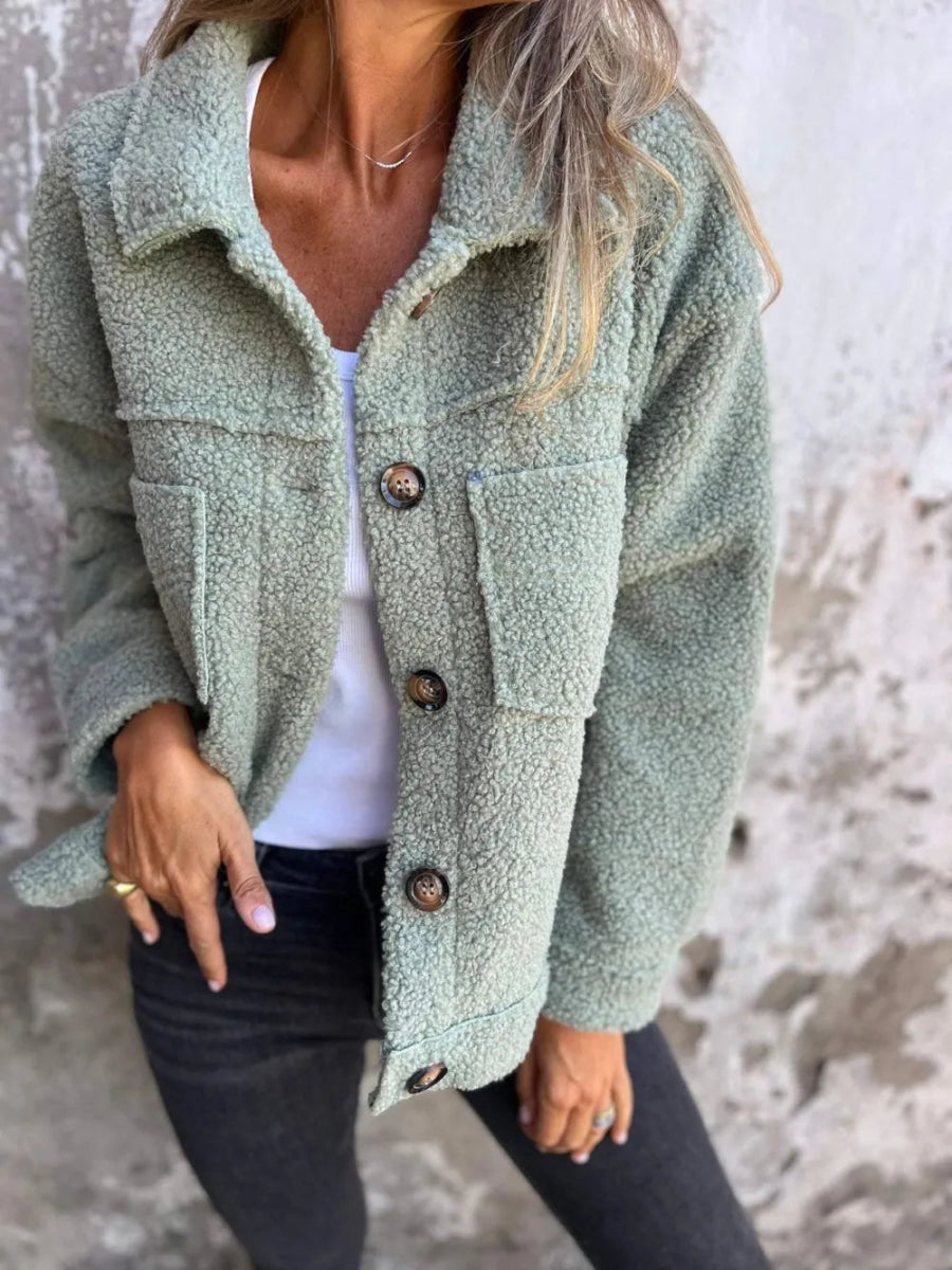 Full Size Fuzzy Button Up Drop Shoulder Jacket - CELIVINE