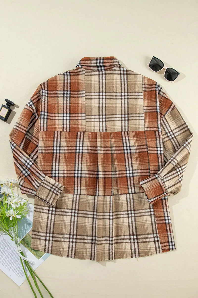 Plaid Snap Down Dropped Shoulder Shacket - CELIVINE