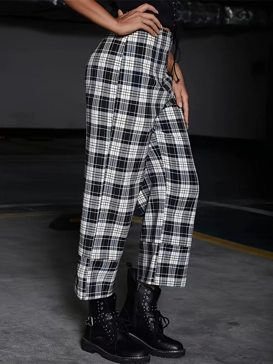 Full Size Plaid High Waist Pants - CELIVINE