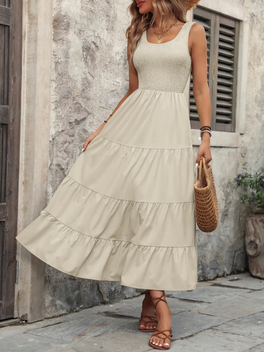 Smocked Scoop Neck Sleeveless Tank Dress - CELIVINE