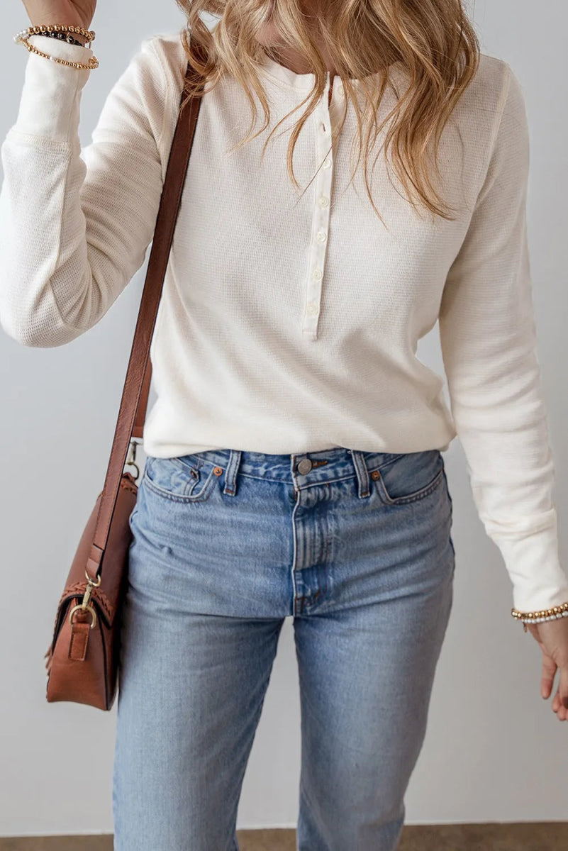 Half Button Long Sleeve Top - CELIVINE
