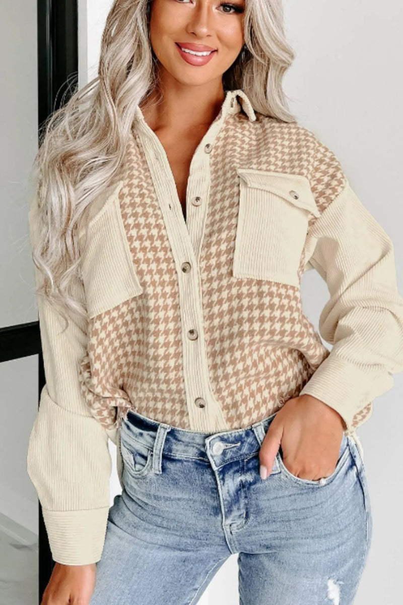Houndstooth Button Up Long Sleeve Jacket - CELIVINE