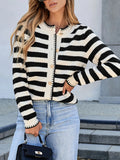 Button Down Striped Long Sleeve Cardigan - CELIVINE