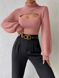 Cutout Front Turtleneck Long Sleeve Sweater - CELIVINE