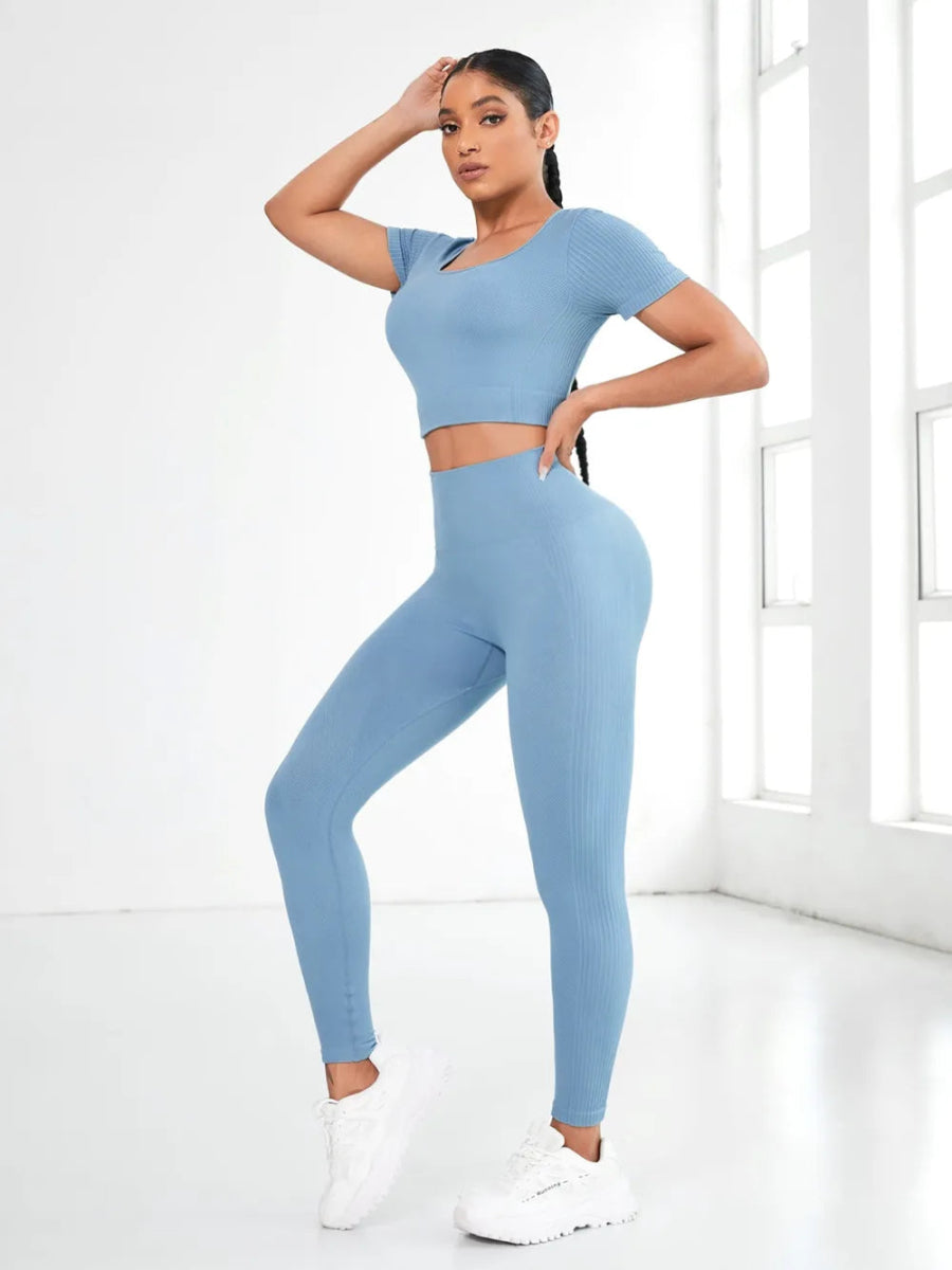 Round Neck Short Sleeve Top and Leggings Active Set - CELIVINE