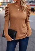 Decorative Button Round Neck Puff Sleeve Blouse - CELIVINE