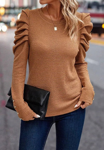 Decorative Button Round Neck Puff Sleeve Blouse - CELIVINE