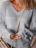 Eyelet Detail V - Neck Long Sleeve Sweater - CELIVINE