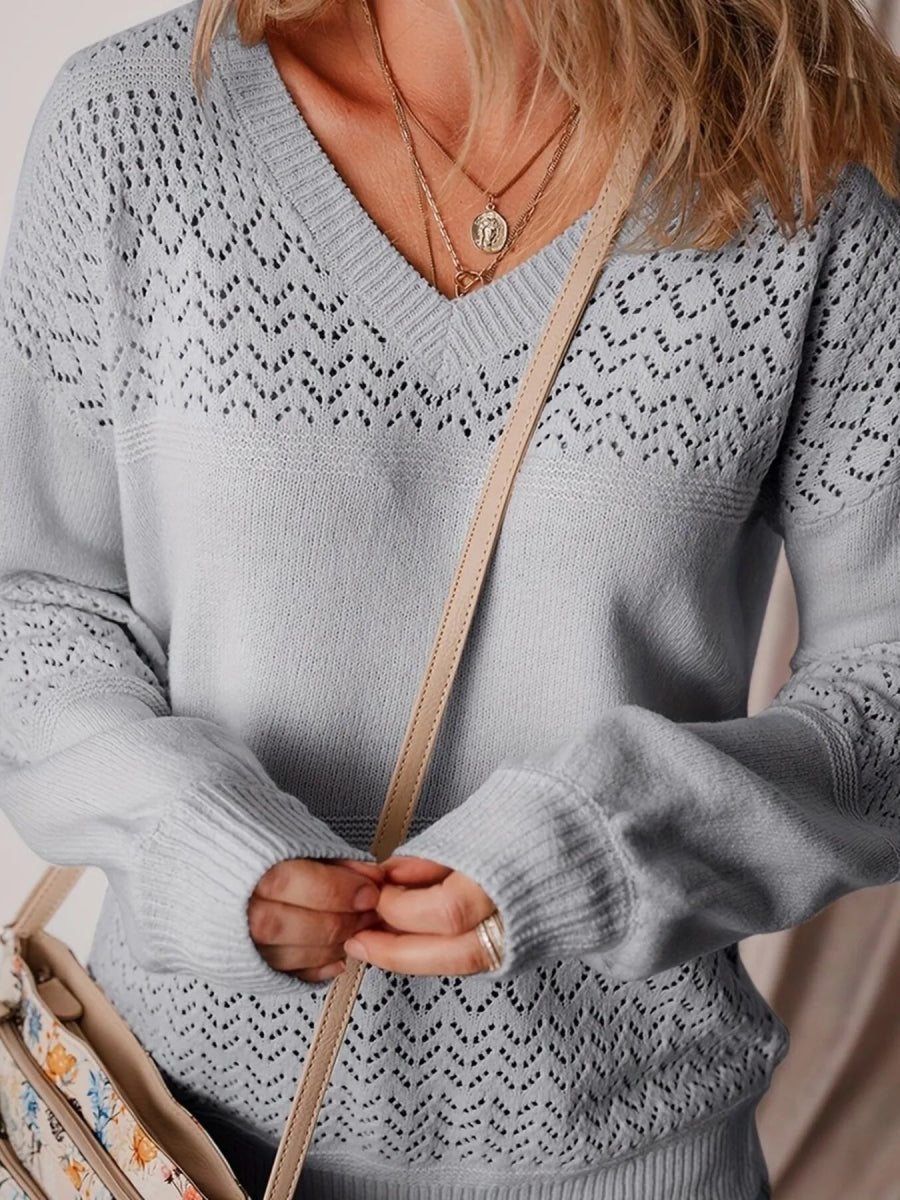 Eyelet Detail V - Neck Long Sleeve Sweater - CELIVINE