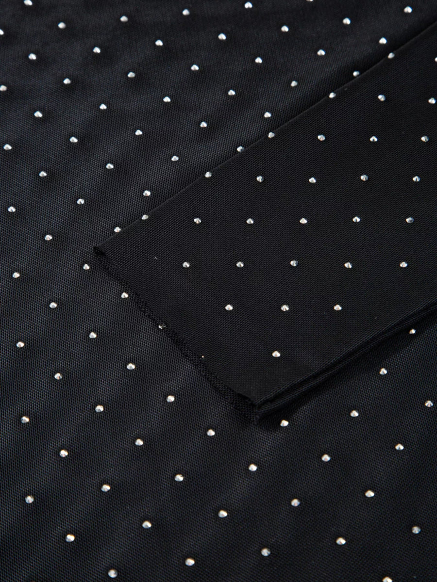 Rhinestone Embellished Mesh Long Sleeve Top - CELIVINE