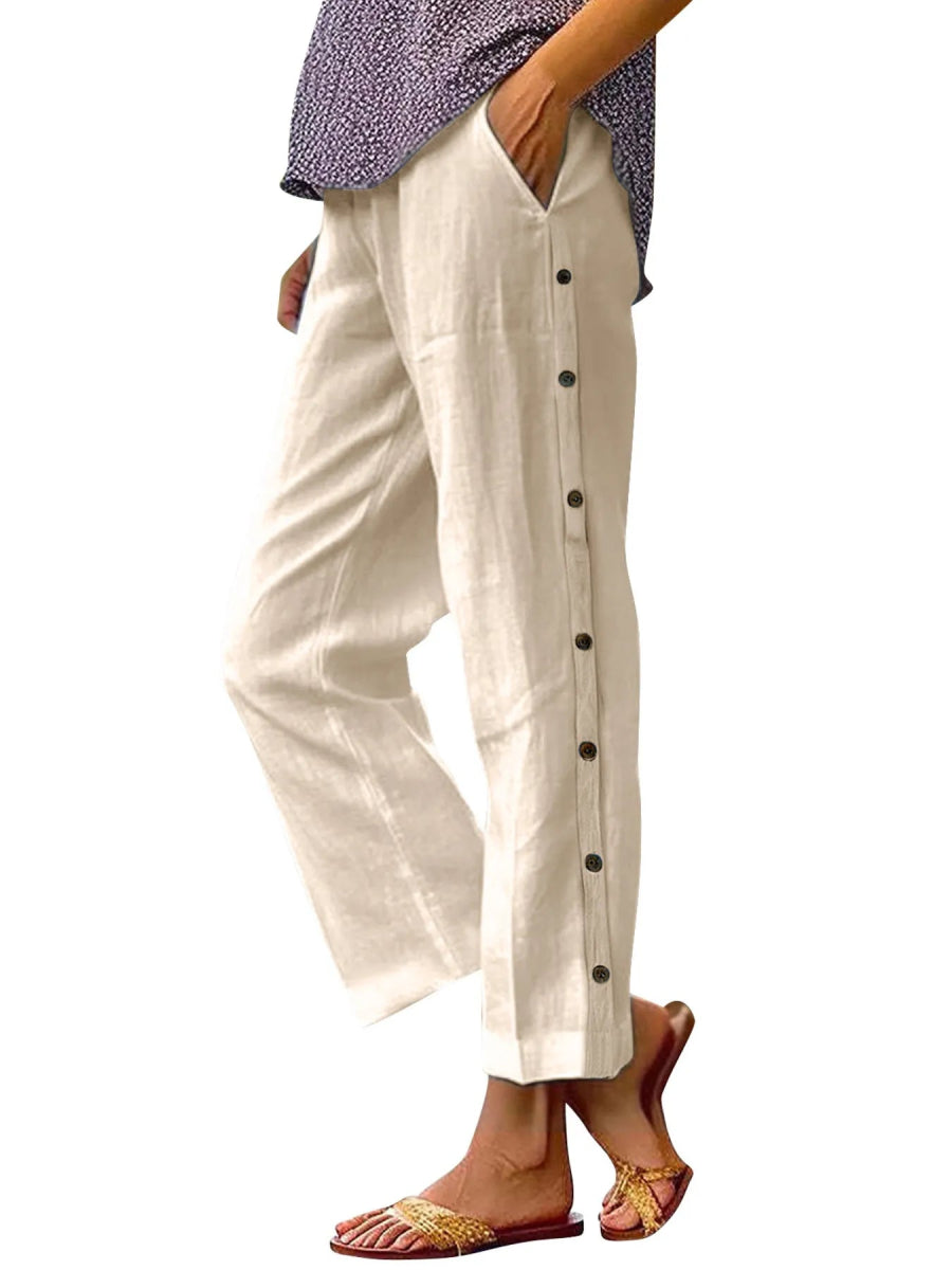 Full Size Side Decor Button Casual Wide Leg Pants Plus Size - CELIVINE