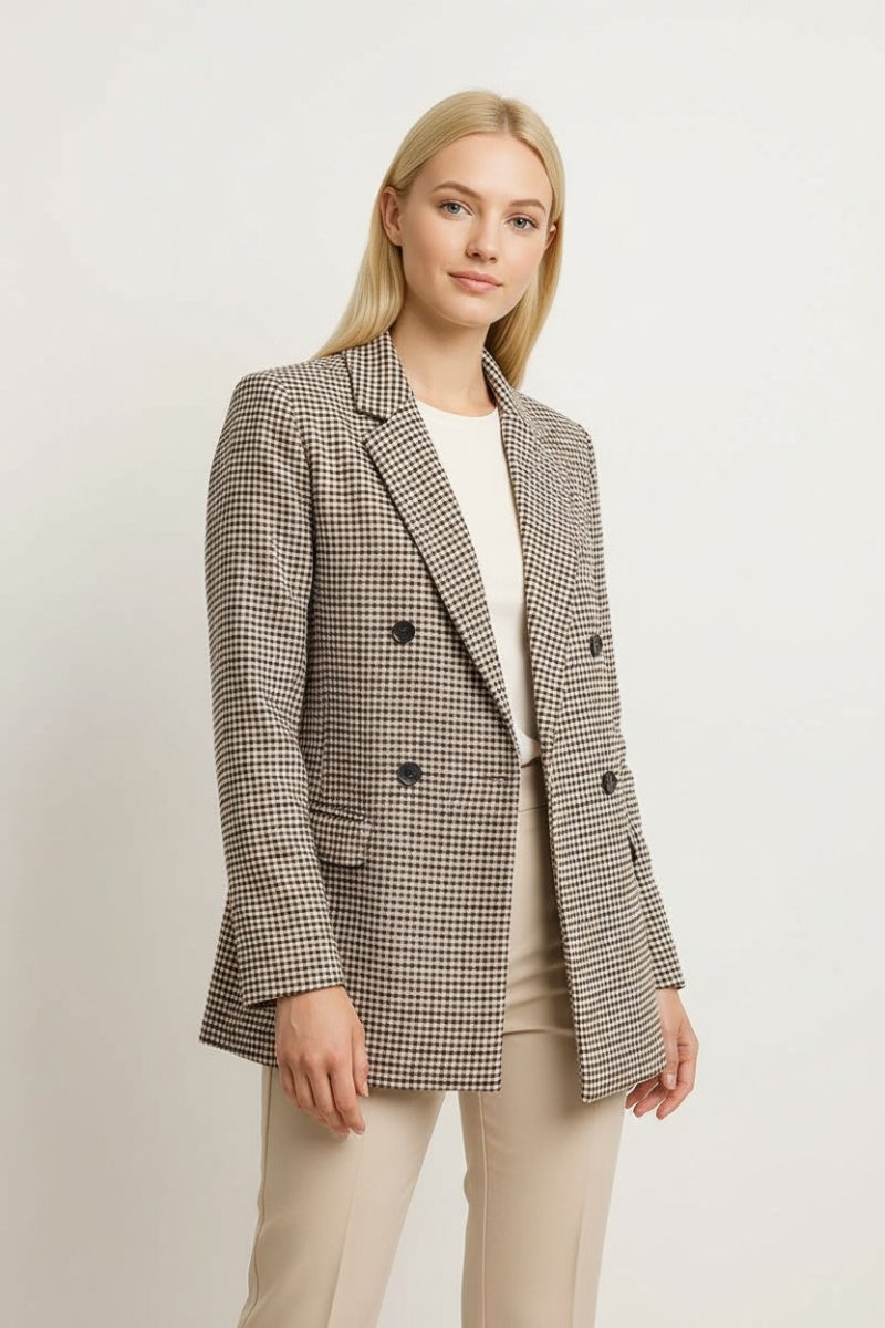 Plaid Lapel Collar Long Sleeve Blazer - CELIVINE