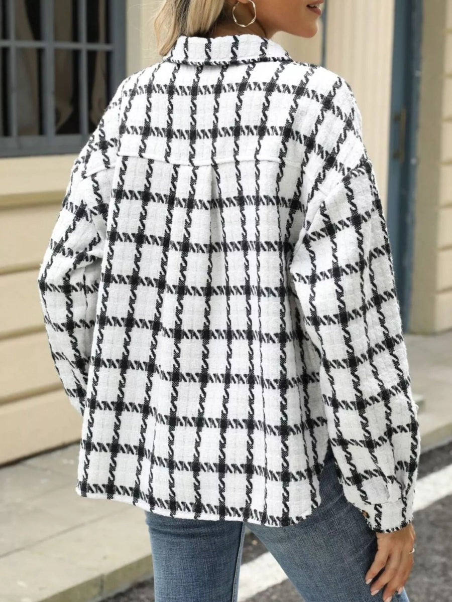Plaid Button Up Long Sleeve Jacket - CELIVINE