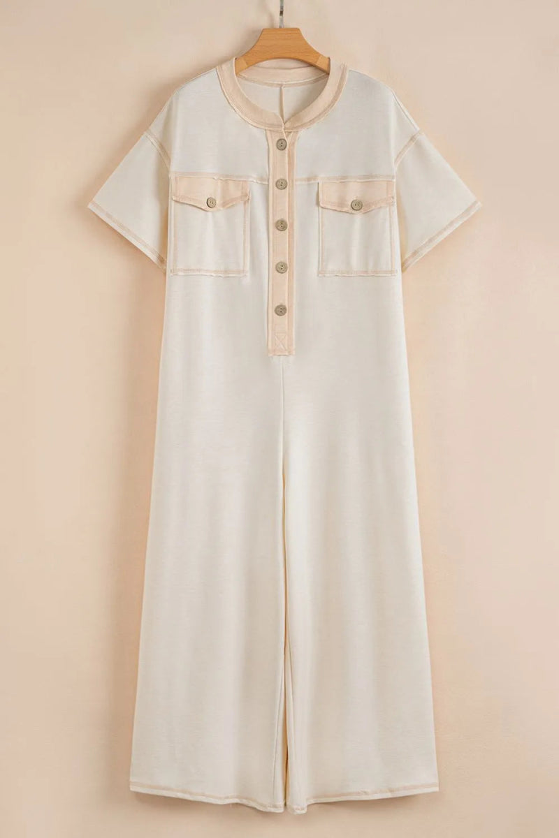 Pocket Front Short Sleeve Wide Leg Jumpsuit - CELIVINE
