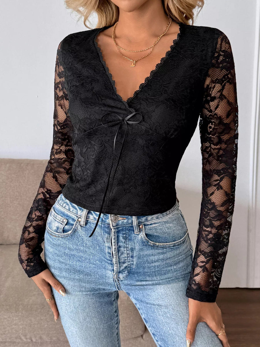 Long Sleeve Floral Lace Mesh Cropped Top - CELIVINE
