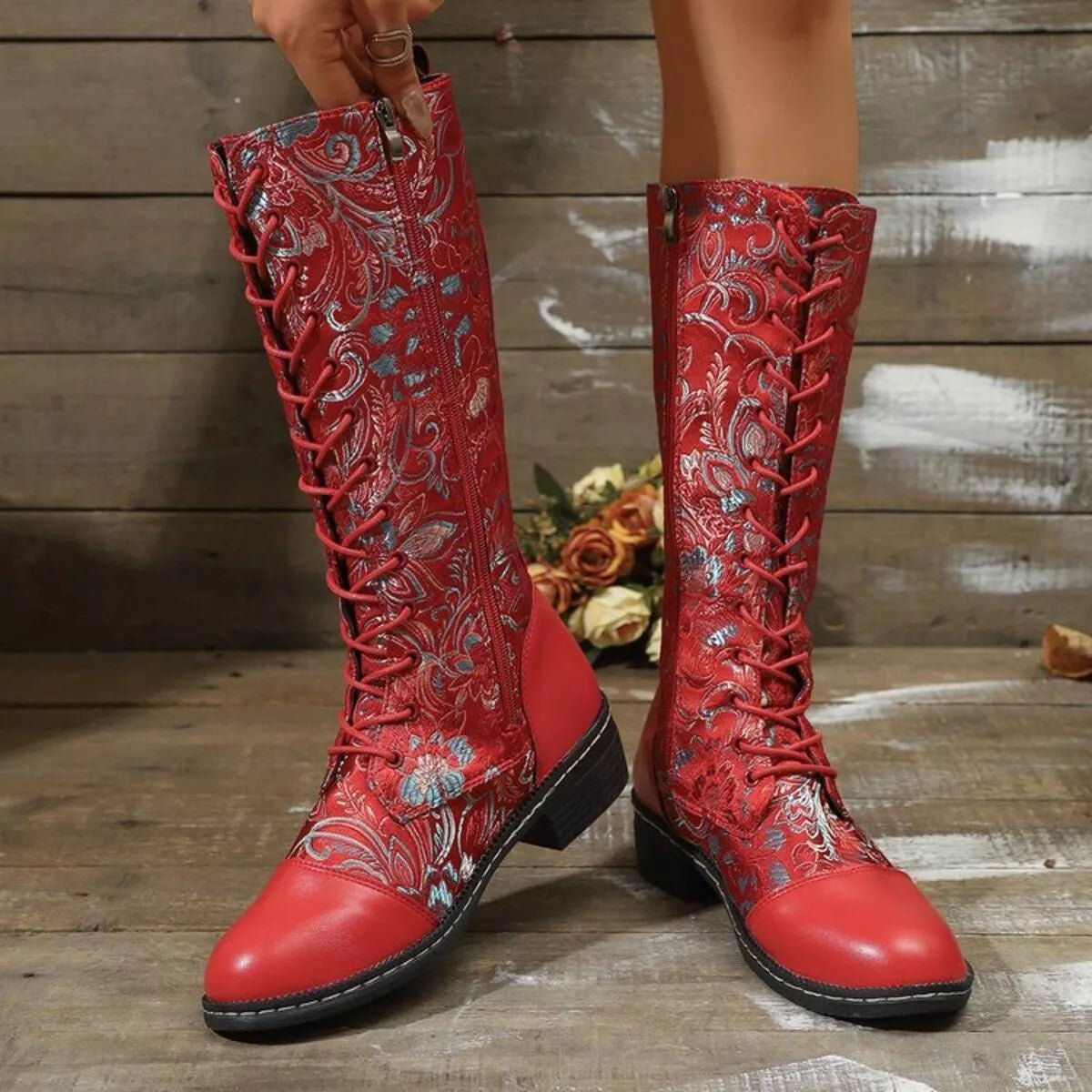 Lace Up Block Heels Boots - CELIVINE