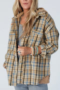 Drawstring Waffle Knit Patchwork Hooded Plaid Shacket - CELIVINE