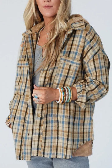 Drawstring Waffle Knit Patchwork Hooded Plaid Shacket - CELIVINE